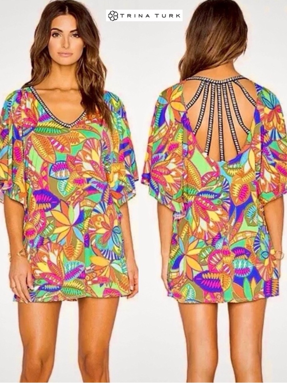 Trina Turk Montezuma Beach Coverup Tunic Dress M Boho Floral Print Cut Out Back - Picture 1 of 16